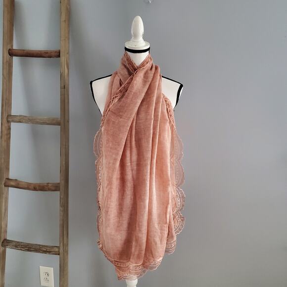 Large Pink Sheer Lightweight Lace Scalloped Edged Scarf - Picture 1 of 7